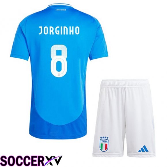 Italy (JORGINHO 8) Kids Home Soccer Jersey Blue UEFA Euro 2024