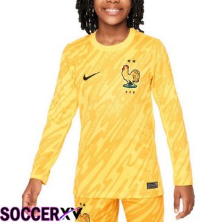 France Kids Goalkeeper Soccer Jersey Long Sleeve Yellow UEFA Euro 2024