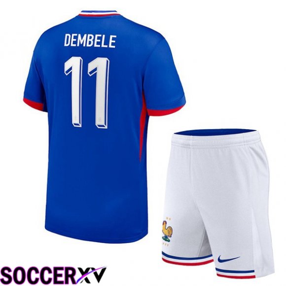 France (DEMBELE 11) Kids Home Soccer Jersey Blue UEFA Euro 2024