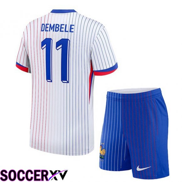 France (DEMBELE 11) Kids Away Soccer Jersey White UEFA Euro 2024