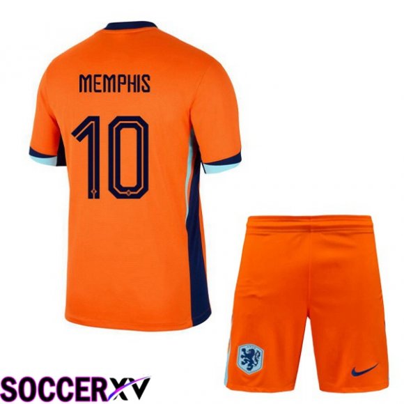 Netherlands (MEMPHIS 10) Kids Home Soccer Jersey Orange UEFA Euro 2024