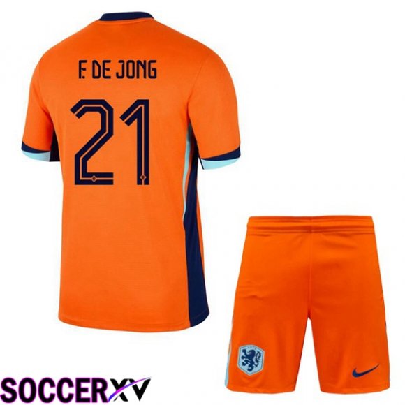 Netherlands (F. DE JONG 21) Kids Home Soccer Jersey Orange UEFA Euro 2024