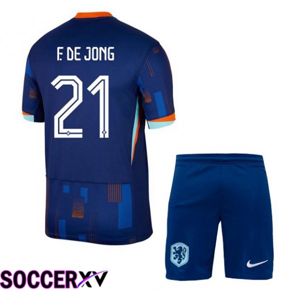 Netherlands (F. DE JONG 21) Kids Away Soccer Jersey Royal Blue UEFA Euro 2024