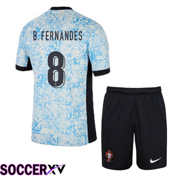 Portugal (B. FERNANDES 8) Kids Away Soccer Jersey Blue White UEFA Euro 2024