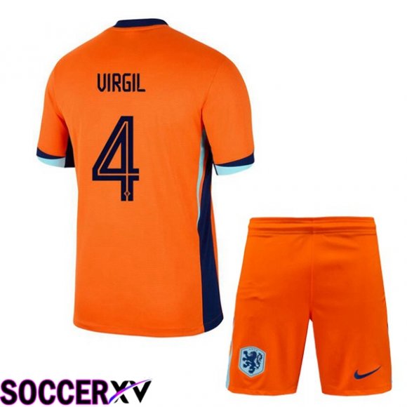 Netherlands (VIRGIL 4) Kids Home Soccer Jersey Orange 2024/2025