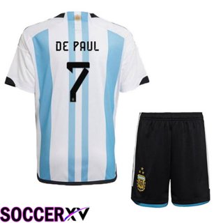 Argentina (DE PAUL 7) 3 Stars Kids Soccer Jersey Home Blue White 2022/2023