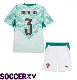 Portugal (Rúben Dias 3) Kids Away Soccer Jersey Green White 2026/2027