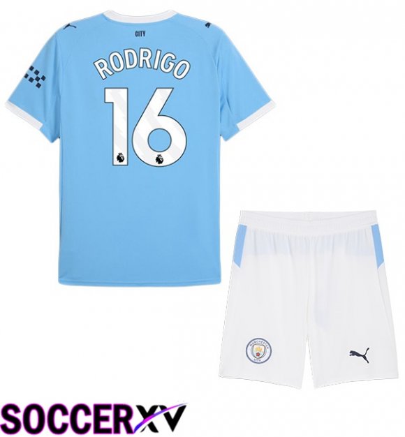 Manchester City (Rodrigo 16) Kids Home Soccer Jersey Blue 2025/2026