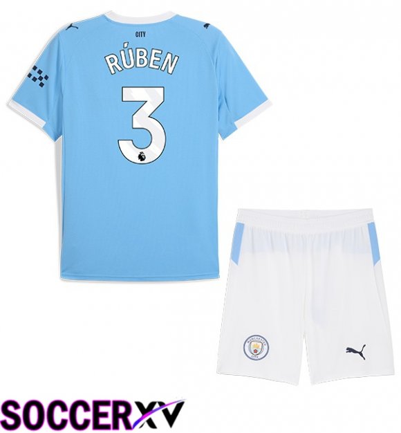 Manchester City (Ruben Dias 3) Kids Home Soccer Jersey Blue 2025/2026