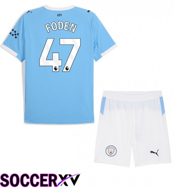 Manchester City (Phil Foden 47) Kids Home Soccer Jersey Blue 2025/2026
