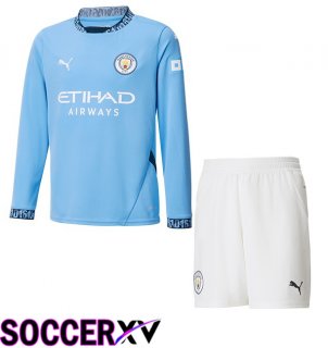 Manchester City Kids Home Soccer Jersey Long sleeve Blue 2024/2025