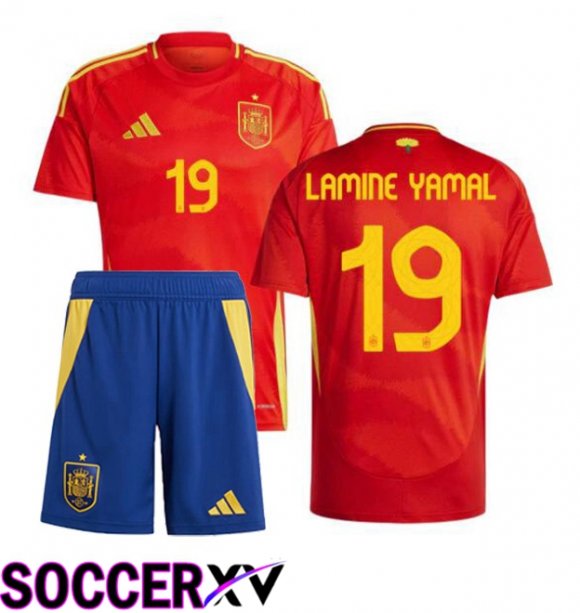 Spain (LAMINE YAMAL 19) Kids Home Soccer Jersey Red UEFA Euro 2024