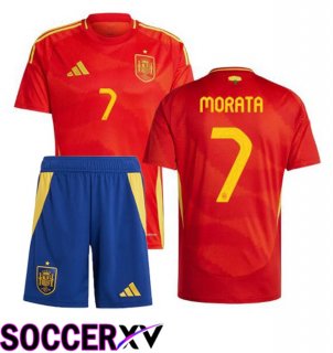 Spain (MORATA 7) Kids Home Soccer Jersey Red UEFA Euro 2024