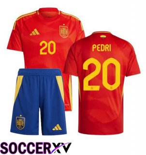 Spain (PEDRI 20) Kids Home Soccer Jersey Red UEFA Euro 2024