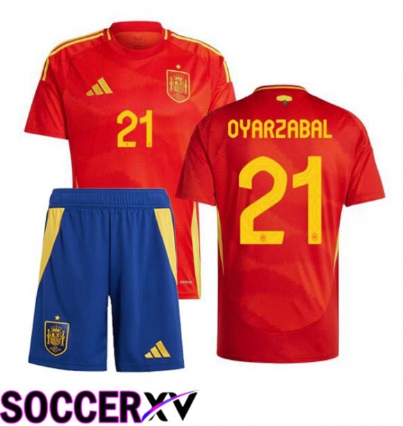 Spain (OYARZABAL 21) Kids Home Soccer Jersey Red UEFA Euro 2024