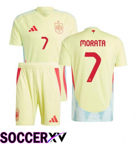 Spain (MORATA 7) Kids Away Soccer Jersey Yellow UEFA Euro 2024