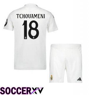 Real Madrid (Tchouameni 18) Kids Home Soccer Jersey White 2024/2025