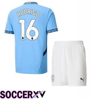 Manchester City (Rodrigo 16) Kids Home Soccer Jersey Blue 2024/2025