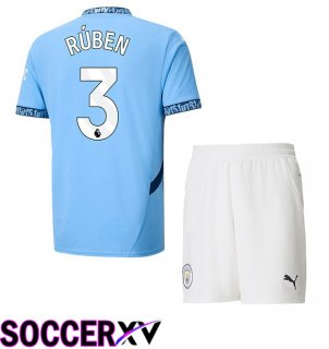 Manchester City (Ruben Dias 3) Kids Home Soccer Jersey Blue 2024/2025