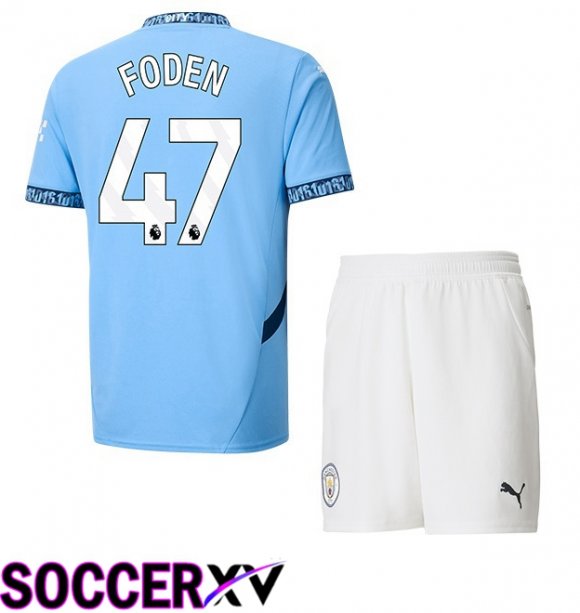 Manchester City (Phil Foden 47) Kids Home Soccer Jersey Blue 2024/2025