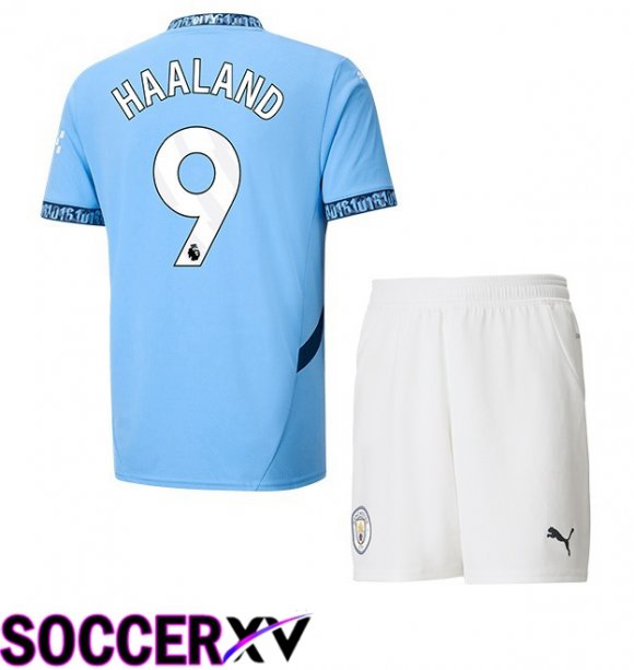 Manchester City (Erling Haaland 9) Kids Home Soccer Jersey Blue 2024/2025