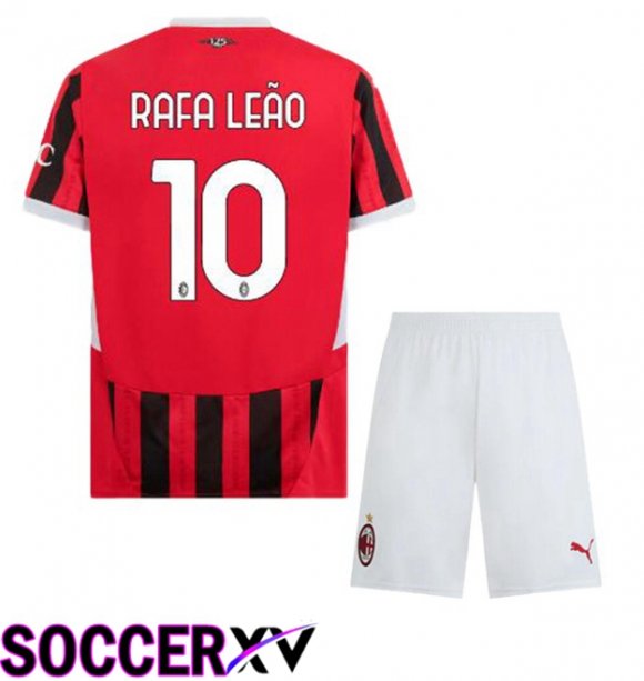 AC Milan (Rafa Leão 10) Kids Home Soccer Jersey Red Black 2024/2025