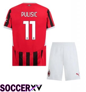 AC Milan (Pulisic 11) Kids Home Soccer Jersey Red Black 2024/2025