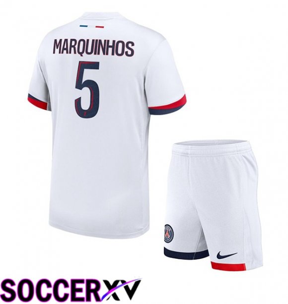 Paris PSG (Marquinhos 5) Kids Away Soccer Jersey White 2024/2025