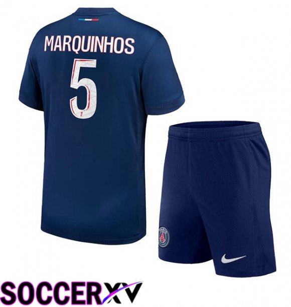 Paris PSG (Marquinhos 5) Kids Home Soccer Jersey Blue Royal 2024/2025