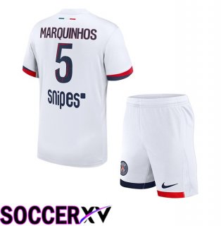 Paris PSG (Marquinhos 5) Kids Away Soccer Jersey White 2025/2026