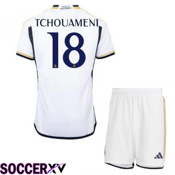 Real Madrid (Tchouameni 18) Kids Soccer Jersey Home White 2023/2024