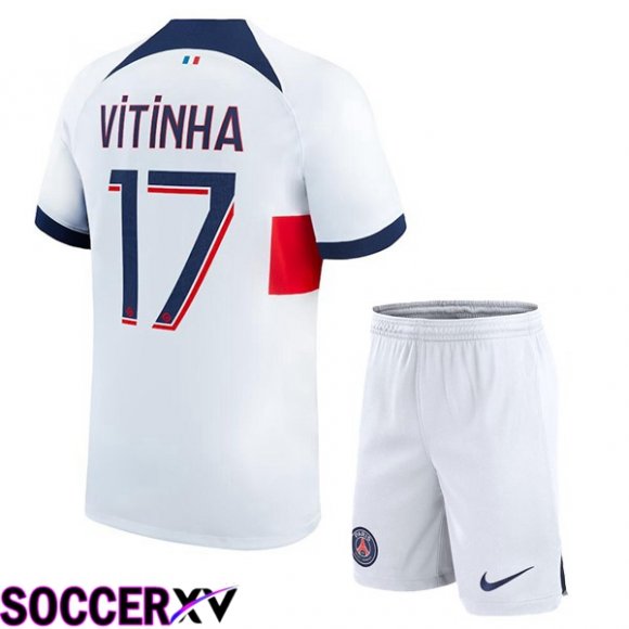 Paris PSG (Vitinha 17) Kids Soccer Jersey Away White 2023/2024