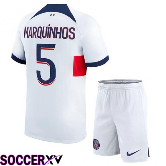 Paris PSG (Marquinhos 5) Kids Soccer Jersey Away White 2023/2024