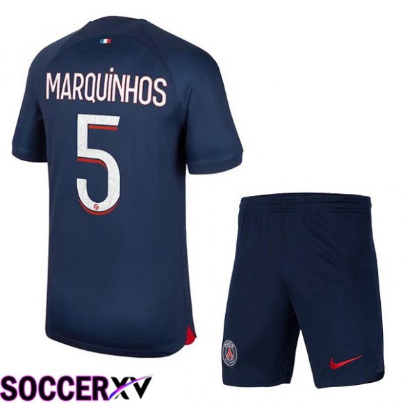 Paris PSG (Marquinhos 5) Kids Soccer Jersey Home Royal Bluee 2023/2024