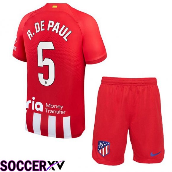 Atletico Madrid (R. De Paul 5) Kids Soccer Jersey Home Red 2023/2024