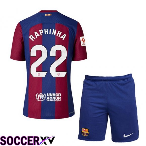 FC Barcelona (RAPHINHA 22) Kids Soccer Jersey Home Blue Red 2023/2024