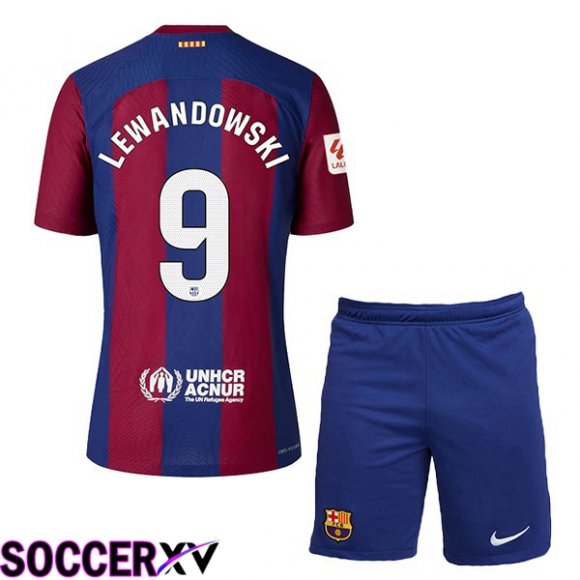 FC Barcelona (LEWANDOWSKI 9) Kids Soccer Jersey Home Blue Red 2023/2024