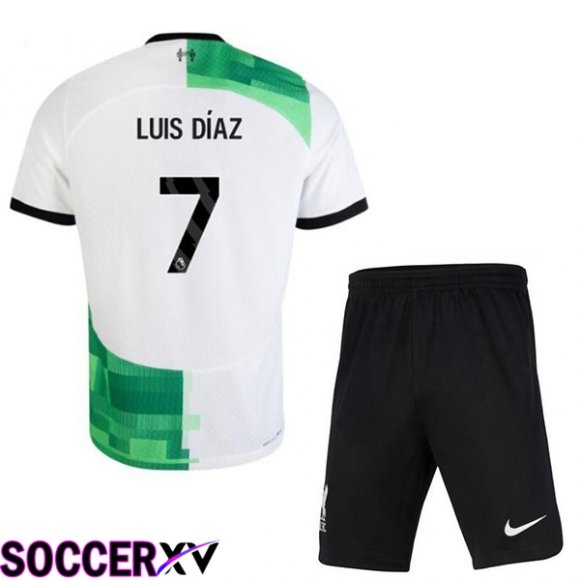 FC Liverpool (LUIS DÍAZ 7) Kids Soccer Jersey Away White Green 2023/2024