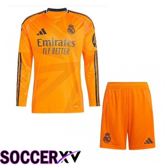 Real Madrid Kids Away Soccer Jersey Long sleeve Orange 2024/2025