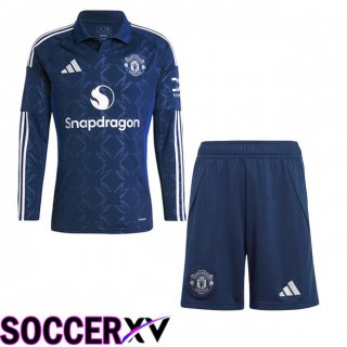 Manchester United Kids Away Soccer Jersey Long sleeve Blue 2024/2025