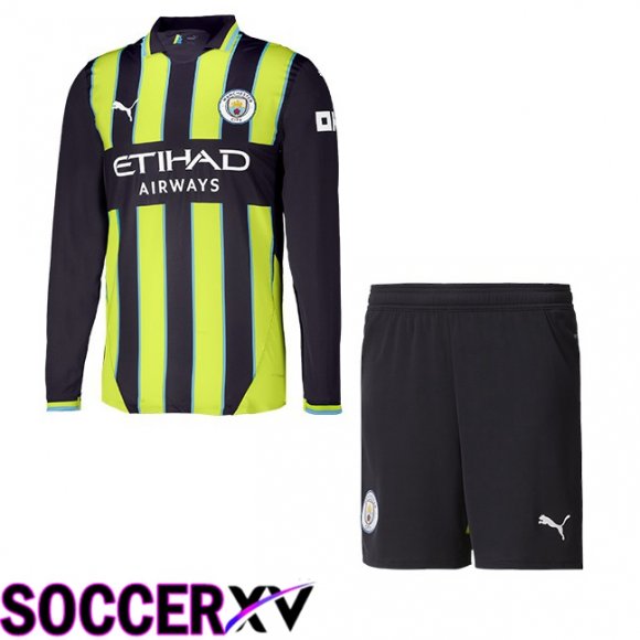 Manchester City Kids Away Soccer Jersey Long sleeve Green Black 2024/2025