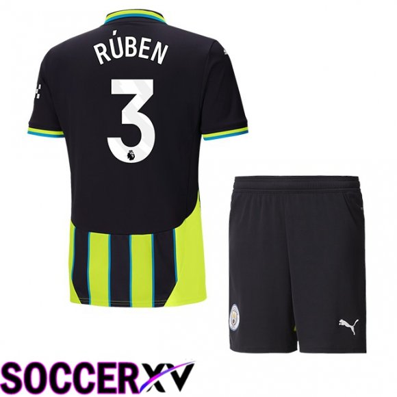 Manchester City (Ruben Dias 3) Kids Away Soccer Jersey Green Black 2024/2025