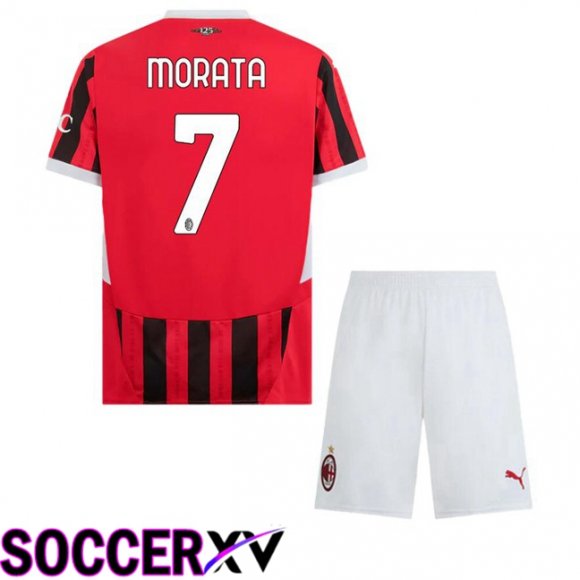 AC Milan (Morata 7) Kids Home Soccer Jersey Red Black 2024/2025