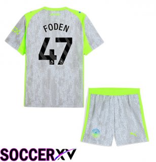 Manchester City (Phil Foden 47) Kids Third Soccer Jersey Grey Green 2025/2026