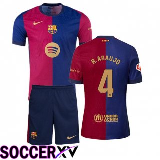 FC Barcelona (R. ARAUJO 4) Kids Home Soccer Jersey Blue Red 2024/2025