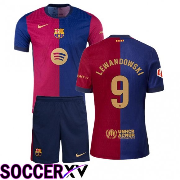 FC Barcelona (LEWANDOWSKI 9) Kids Home Soccer Jersey Blue Red 2024/2025