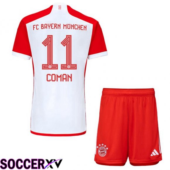 Bayern Munich (Coman 11) Kids Home Soccer Jersey White Red 2023/2024