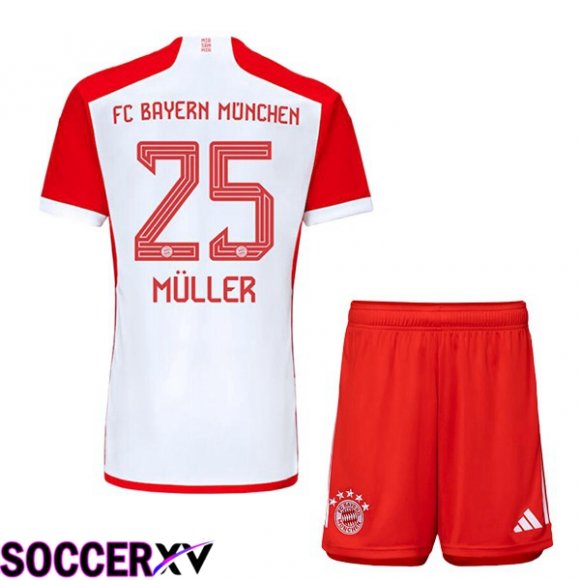 Bayern Munich (Müller 25) Kids Home Soccer Jersey White Red 2023/2024