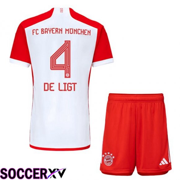 Bayern Munich (de Ligt 4) Kids Home Soccer Jersey White Red 2023/2024