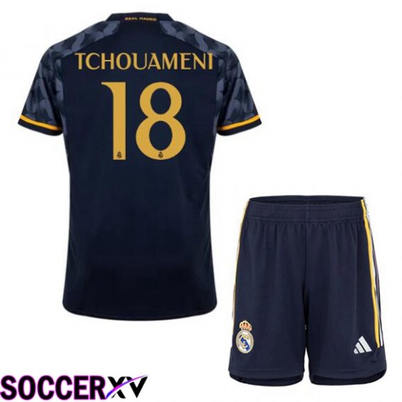 Real Madrid (Tchouameni 18) Kids Away Soccer Jersey Blue Royal 2023/2024